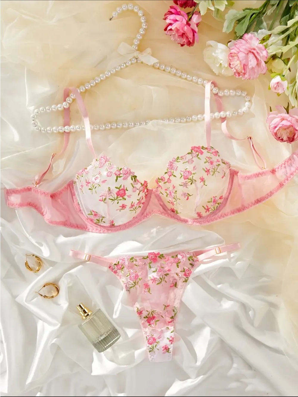 Pink Floral Lace Underwire Bra & Thong Set